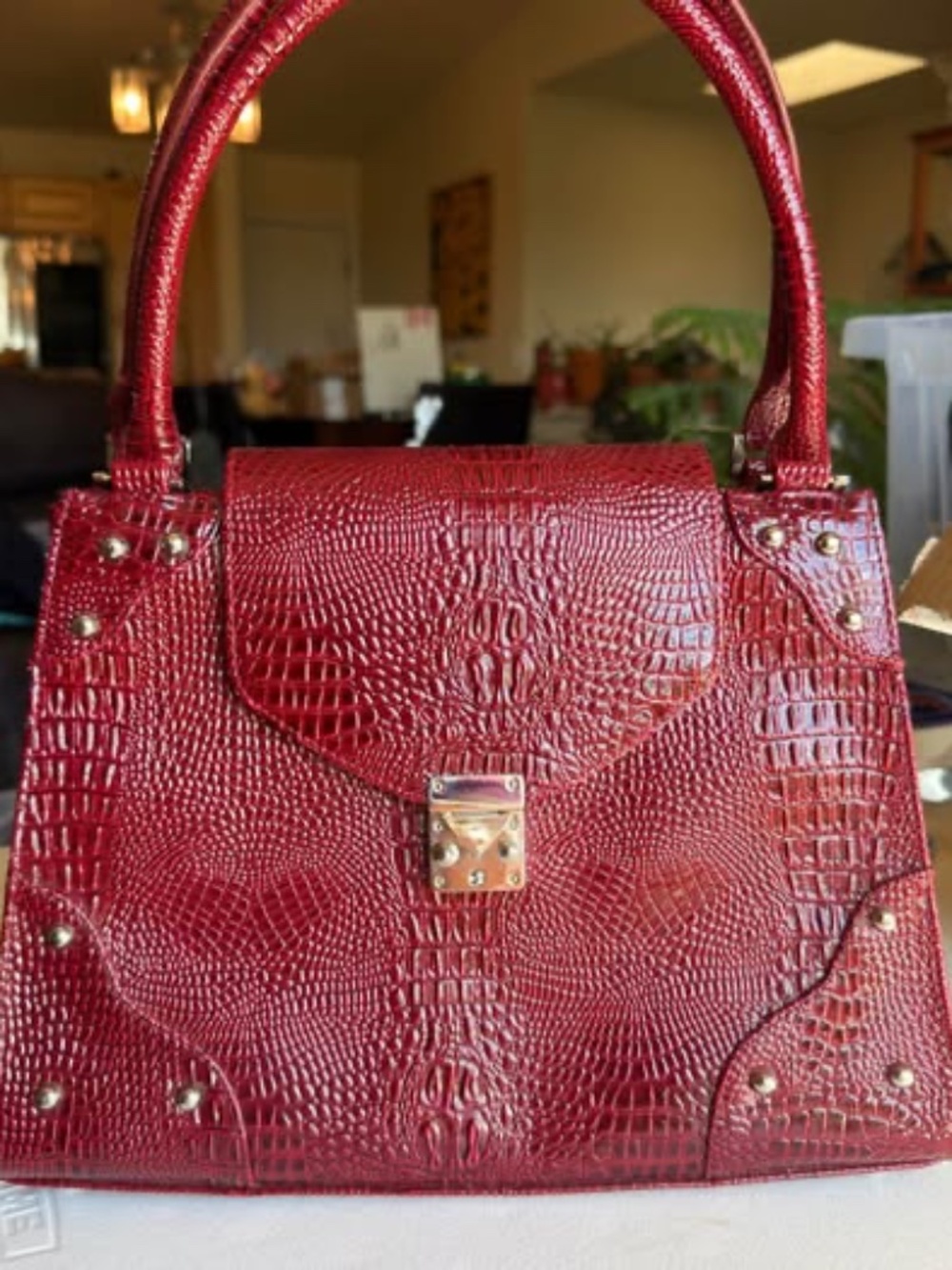 Vintage Red Faux Crocodile Embossed Satchel Handbag